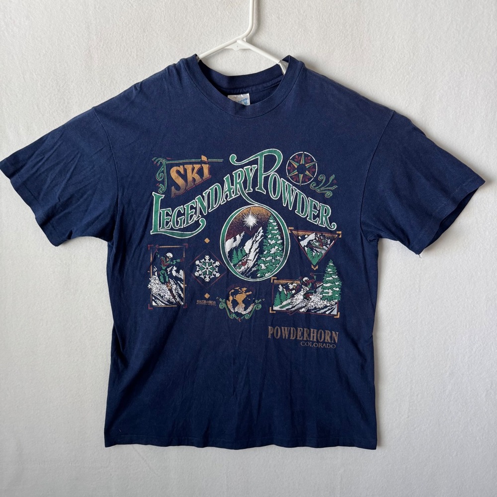 Vintage Single Stitch Ski Legendary Powderhorn Colorado‎ T-Shirt Navy Blue Large